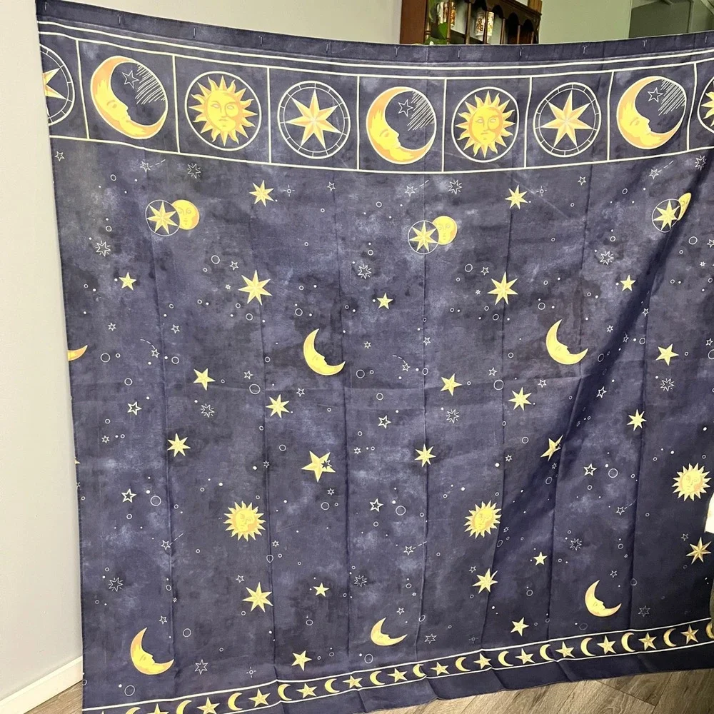 Celestial Sun Moon Stars Fabric Shower Curtain Navy Blue Gold Boho Astrology